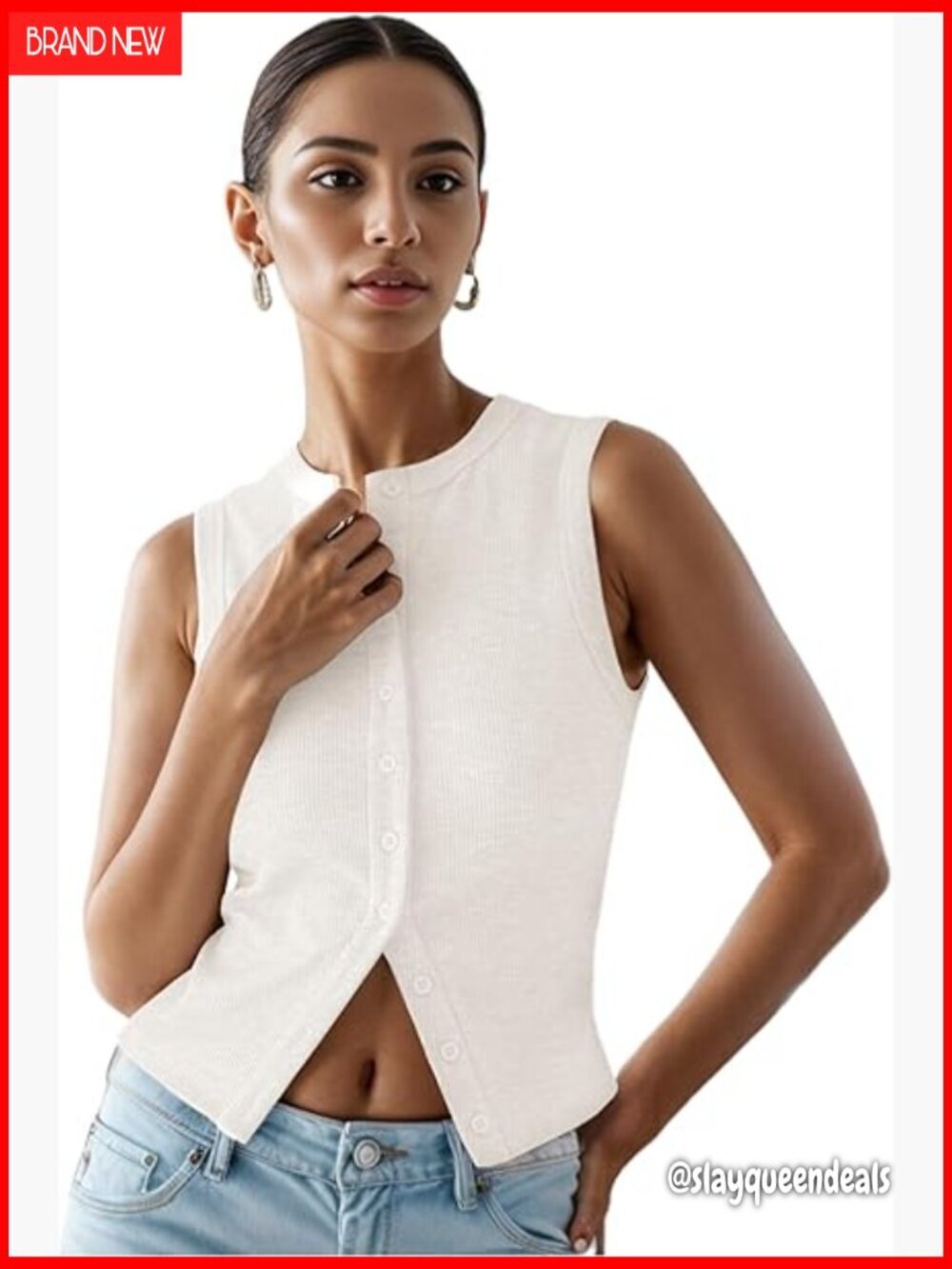 Slim Fit Ribbed Button Down Tank Top Crop Vest Sleeveless Summer